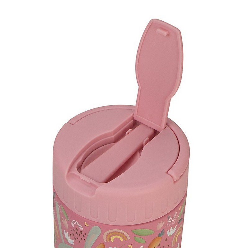 Portapranzo termico rosa per bambini decorato con coniglio, arcobaleni e carote in acciaio inossidabile, con cucchiaio incluso e maniglia estraibile per agevolare il trasporto